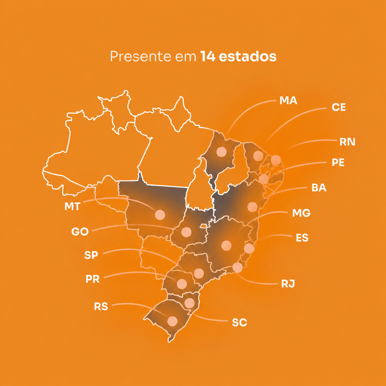 Mapa do Brasil destacando os 12 estados onde a Lotenet atua: MA, CE, RN, PE, BA, GO, MG, ES, SP, PR, RJ e RS